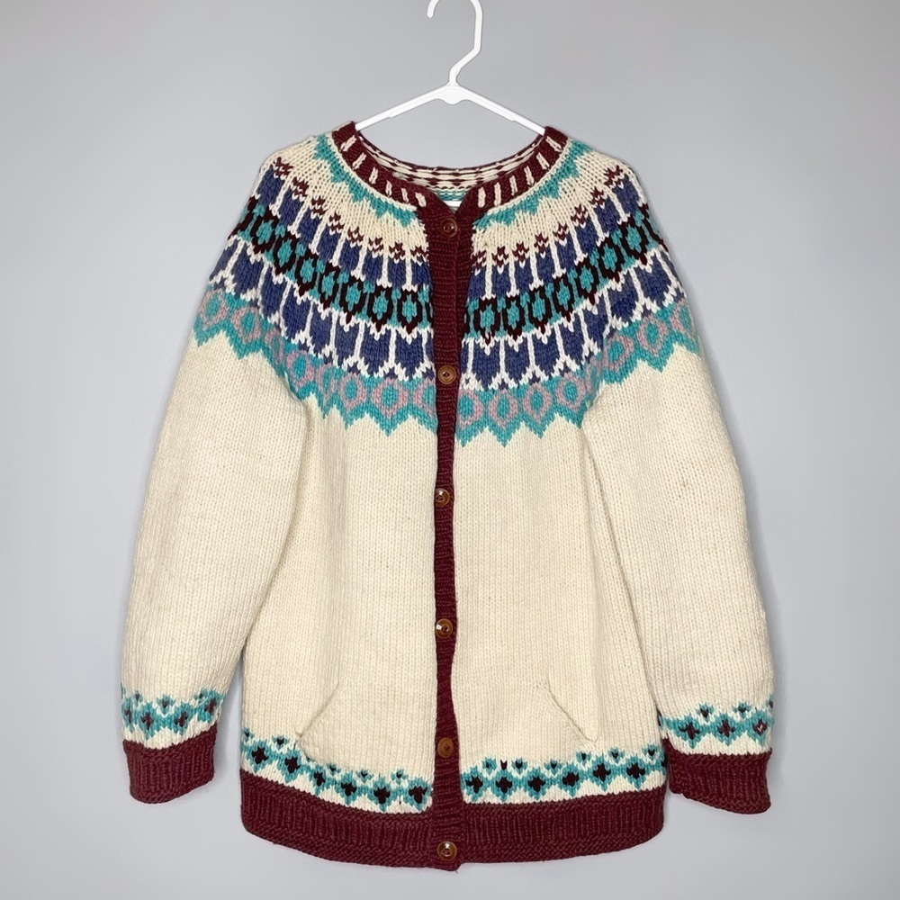 Amazing Hand Knit Wool Chunky Knit Cardigan Unisex One Size Fair Isle Ecuador
